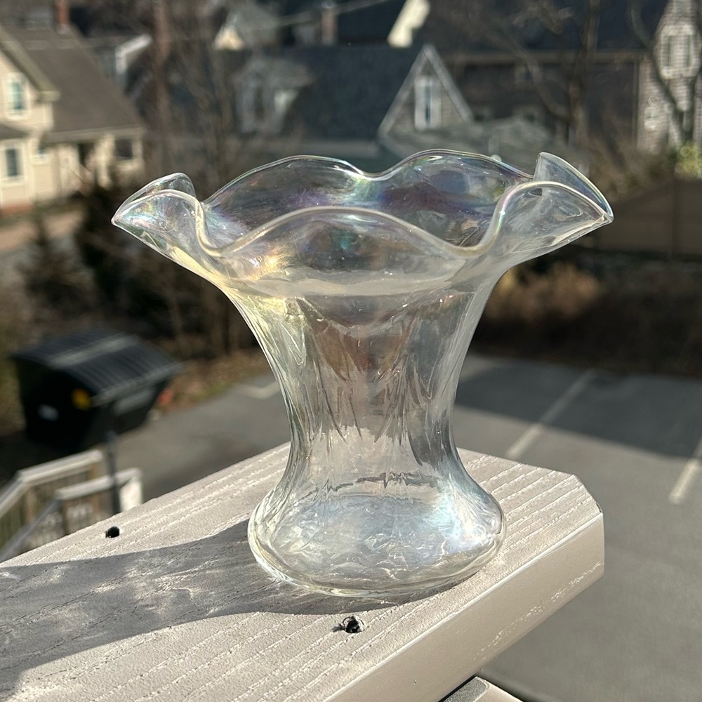 Antique Bohemian Paneled Czech Republic Clear Iridescent Ruffled Art Glass Vase
